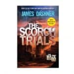 Book cover of The Scorch Trials by James Dashner, dystopian novel, part of Maze Runner series, with background of a fiery city skyline and stormy sky, highlighting adventure, YA fiction, and science fiction.
